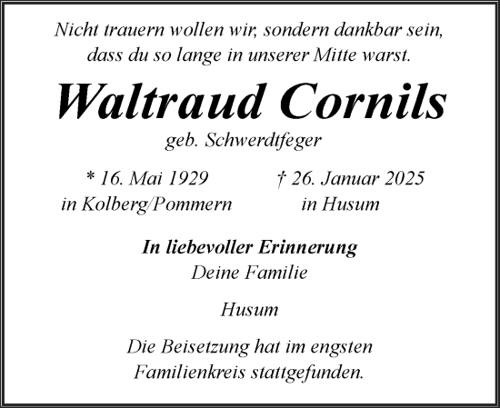 Traueranzeige von Waltraud Cornils von Husumer Nachrichten, Nordfriesland Tageblatt