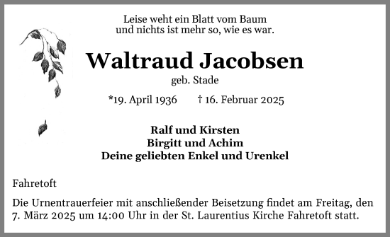 Traueranzeige von Waltraud Jacobsen von Husumer Nachrichten, Nordfriesland Tageblatt