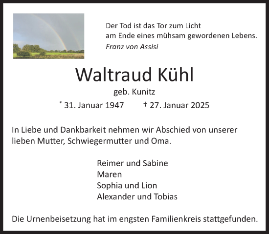 Traueranzeige von Waltraud Kühl von Umschau