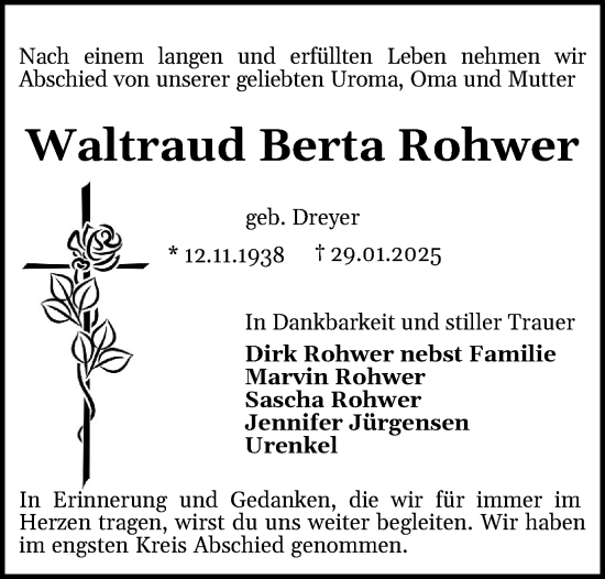Traueranzeige von Waltraud Berta Rohwer von Holsteinischer Courier