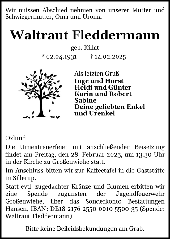 Traueranzeige von Waltraut Fleddermann von Flensburger Tageblatt