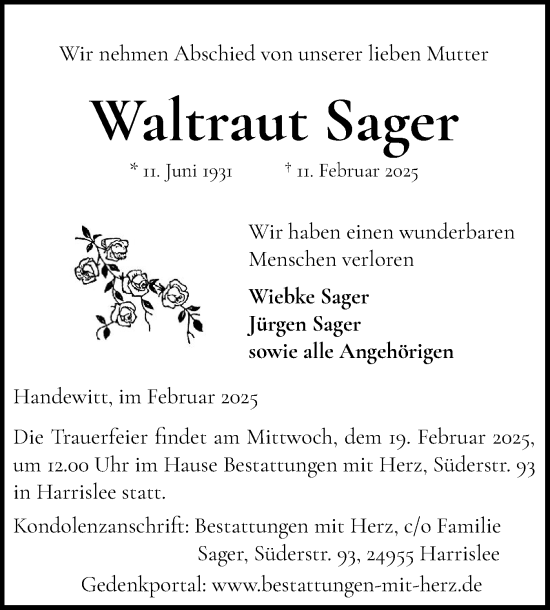 Traueranzeige von Waltraut Sager von Flensburger Tageblatt