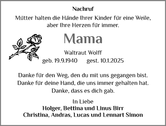 Traueranzeige von Waltraut Wolff von Holsteinischer Courier