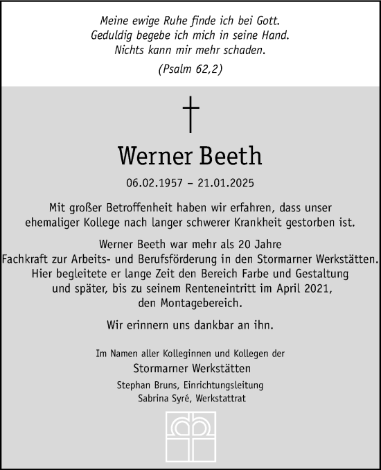 Traueranzeige von Werner Beeth von MARKT Bad Oldesloe/Reinfeld, MARKT Ahrensburg/Bargteheide/Trittau und Stormarner Tageblatt