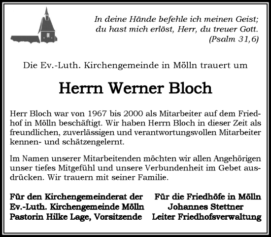 Traueranzeige von Werner Bloch von MARKT Ratzeburg/Mölln