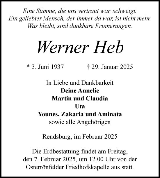 Traueranzeige von Werner Heb von Schleswig-Holsteinische Landeszeitung