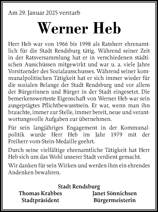 Traueranzeige von Werner Heb von Schleswig-Holsteinische Landeszeitung