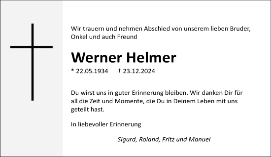 Traueranzeige von Werner Helmer von Heimatspiegel