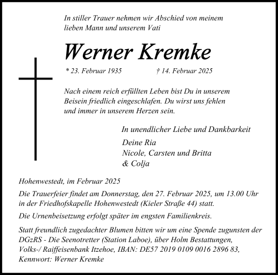 Traueranzeige von Werner Kremke von Schleswig-Holsteinische Landeszeitung