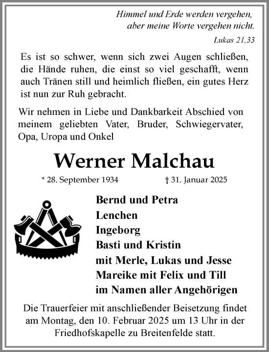 Traueranzeige von Werner Malchau von MARKT Ratzeburg/Mölln