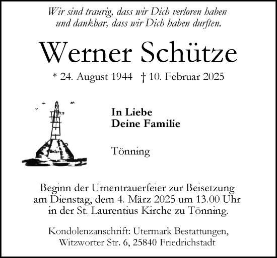 Traueranzeige von Werner Schütze von Husumer Nachrichten, Nordfriesland Tageblatt