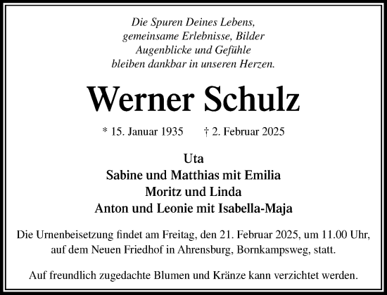Traueranzeige von Werner Schulz von MARKT Ahrensburg/Bargteheide/Trittau und Stormarner Tageblatt