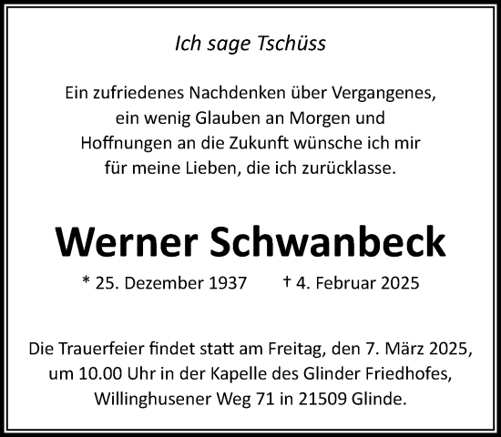 Traueranzeige von Werner Schwanbeck von MARKT Glinde/Reinfeld