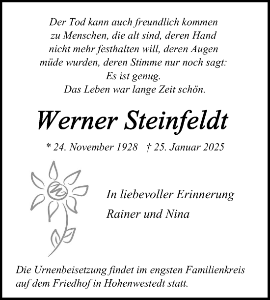 Traueranzeige von Werner Steinfeldt von Schleswig-Holsteinische Landeszeitung