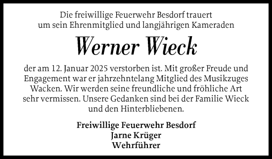 Traueranzeige von Werner Wieck von Norddeutsche Rundschau, Wilstersche Zeitung, Glückstädter Fortuna
