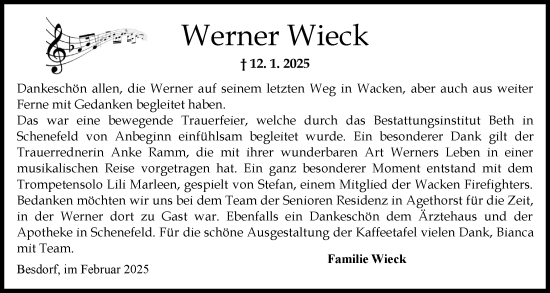 Traueranzeige von Werner Wieck von Norddeutsche Rundschau, Wilstersche Zeitung, Glückstädter Fortuna