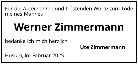 Traueranzeige von Werner Zimmermann von Husumer Nachrichten, Nordfriesland Tageblatt