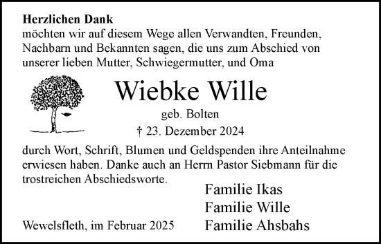 Traueranzeige von Wiebke Wille von Norddeutsche Rundschau, Wilstersche Zeitung, Glückstädter Fortuna