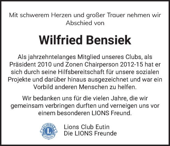 Traueranzeige von Wilfried Bensiek von Ostholsteiner Anzeiger
