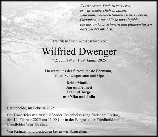 Traueranzeige von Wilfried Dwenger von MARKT Ahrensburg/Bargteheide/Trittau und Stormarner Tageblatt