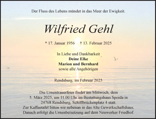 Traueranzeige von Wilfried Gehl von Schleswig-Holsteinische Landeszeitung