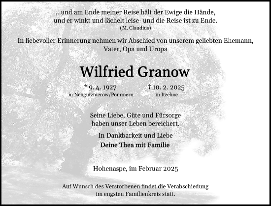 Traueranzeige von Wilfried Granow von Norddeutsche Rundschau, Wilstersche Zeitung, Glückstädter Fortuna