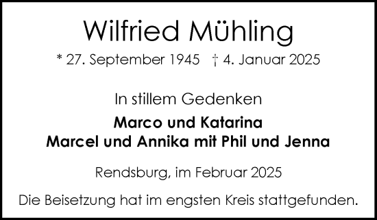 Traueranzeige von Wilfried Mühling von Schleswig-Holsteinische Landeszeitung
