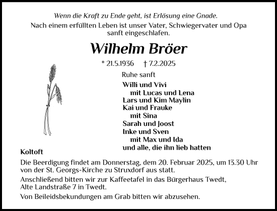 Traueranzeige von Wilhelm Bröer von Schleswiger Nachrichten, Schlei-Bote