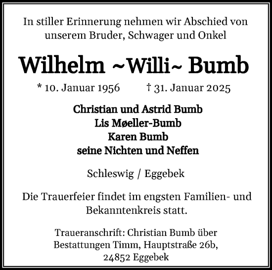 Traueranzeige von Wilhelm Bumb von Flensburger Tageblatt
