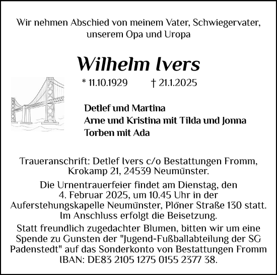 Traueranzeige von Wilhelm Ivers von Holsteinischer Courier
