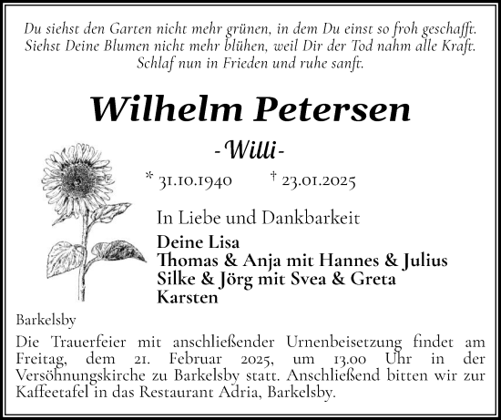 Traueranzeige von Wilhelm Petersen von Eckernförder Zeitung, Hallo Eckernförde