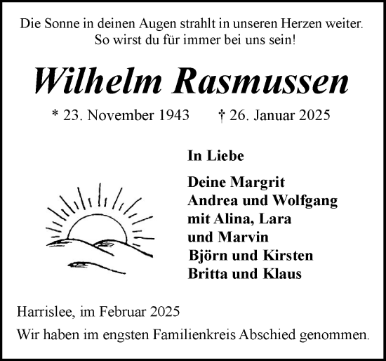Traueranzeige von Wilhelm Rasmussen von Flensburger Tageblatt