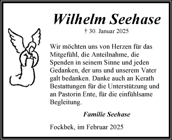 Traueranzeige von Wilhelm Seehase von Schleswig-Holsteinische Landeszeitung