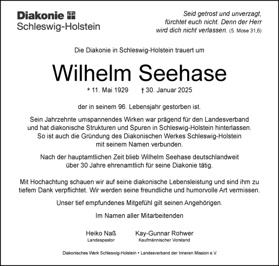 Traueranzeige von Wilhelm Seehase von Region Flensburg