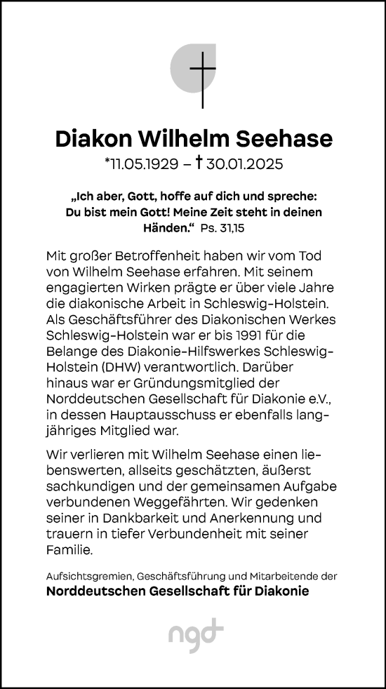Traueranzeige von Wilhelm Seehase von Region Flensburg