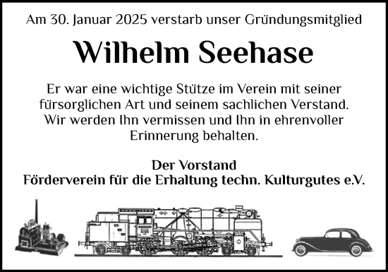 Traueranzeige von Wilhelm Seehase von Schleswig-Holsteinische Landeszeitung