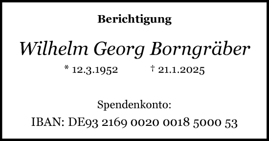 Traueranzeige von Wilhelm Georg Borngräber von Schleswiger Nachrichten, Schlei-Bote