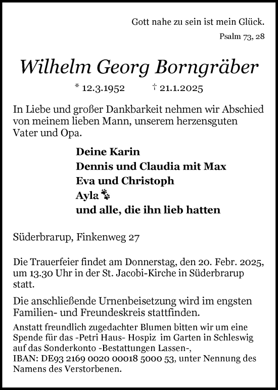 Traueranzeige von Wilhelm Georg Borngräber von Schleswiger Nachrichten, Schlei-Bote