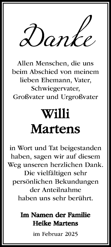 Traueranzeige von Willi Martens von MARKT Ratzeburg/Mölln