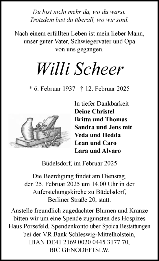 Traueranzeige von Willi Scheer von Schleswig-Holsteinische Landeszeitung