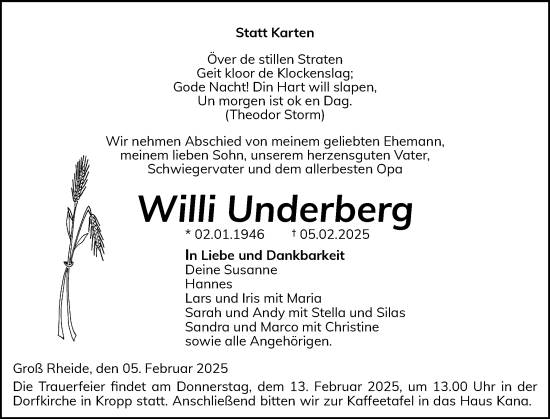 Traueranzeige von Willi Underberg von Schleswig-Holsteinische Landeszeitung