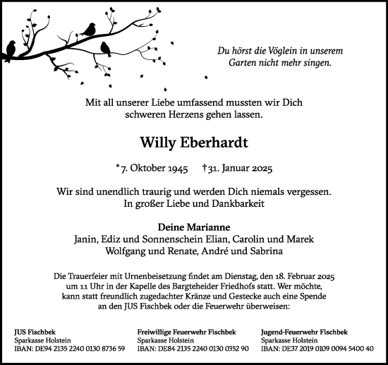 Traueranzeige von Willy Eberhardt von MARKT Bad Oldesloe/Reinfeld, MARKT Ahrensburg/Bargteheide/Trittau und Stormarner Tageblatt