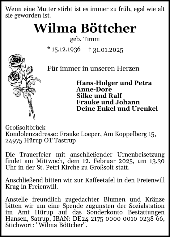 Traueranzeige von Wilma Böttcher von Flensburger Tageblatt