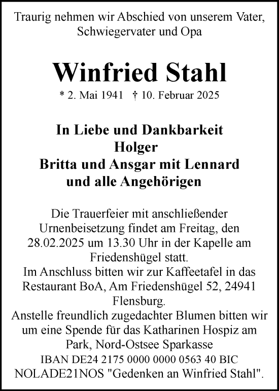 Traueranzeige von Winfried Stahl von Flensburger Tageblatt