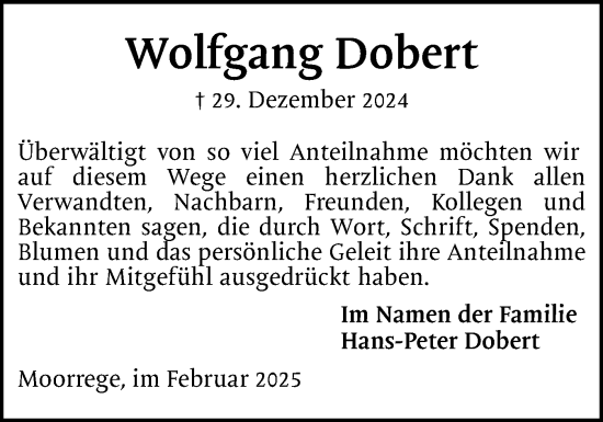 Traueranzeige von Wolfgang Dobert von Uetersener Nachrichten, Der tip am Wochenende