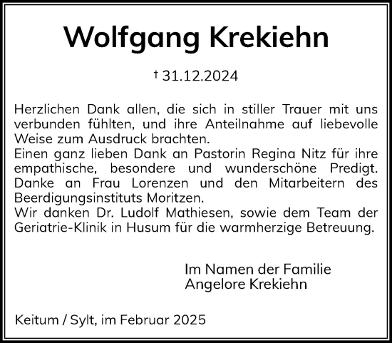 Traueranzeige von Wolfgang Krekiehn von Sylter Rundschau