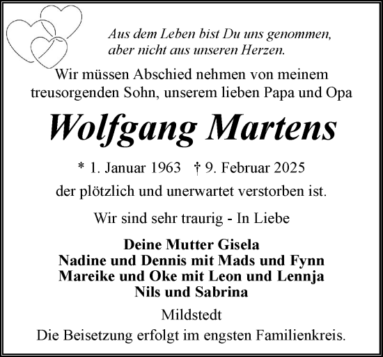 Traueranzeige von Wolfgang Martens von Husumer Nachrichten, Nordfriesland Tageblatt