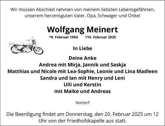 Traueranzeige von Wolfgang Meinert von Schleswig-Holsteinische Landeszeitung