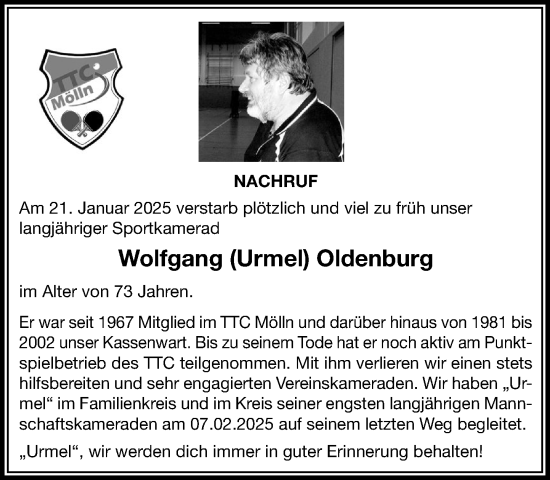 Traueranzeige von Wolfgang Oldenburg von MARKT Ratzeburg/Mölln