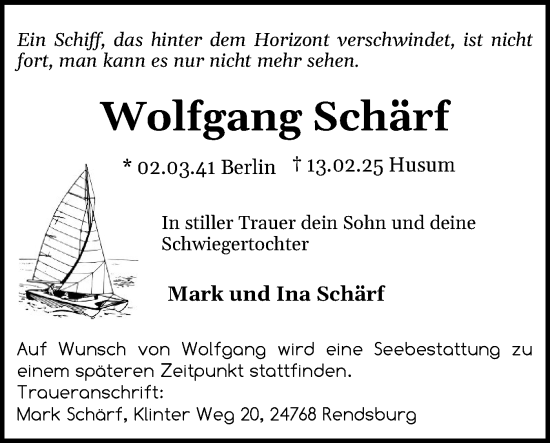 Traueranzeige von Wolfgang Schärf von Region Flensburg